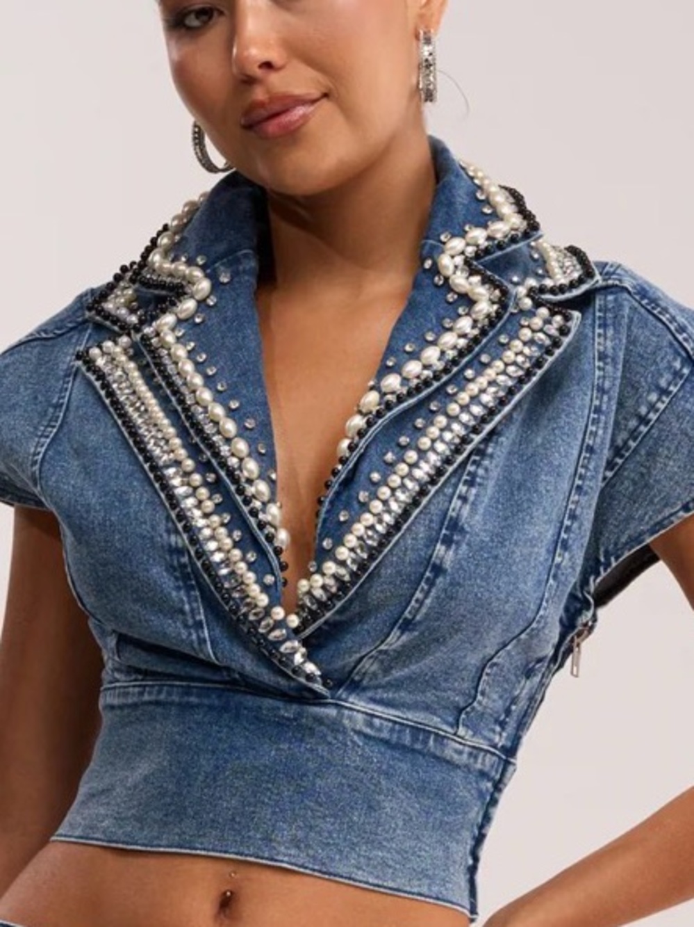 AKIRA Pearl & Stud Embellished Blue Denim V-Neck Crop Top